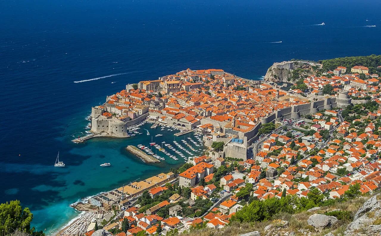 Dubrovnik Old Town and city walls seen from above on Croatia's Adriatic coast