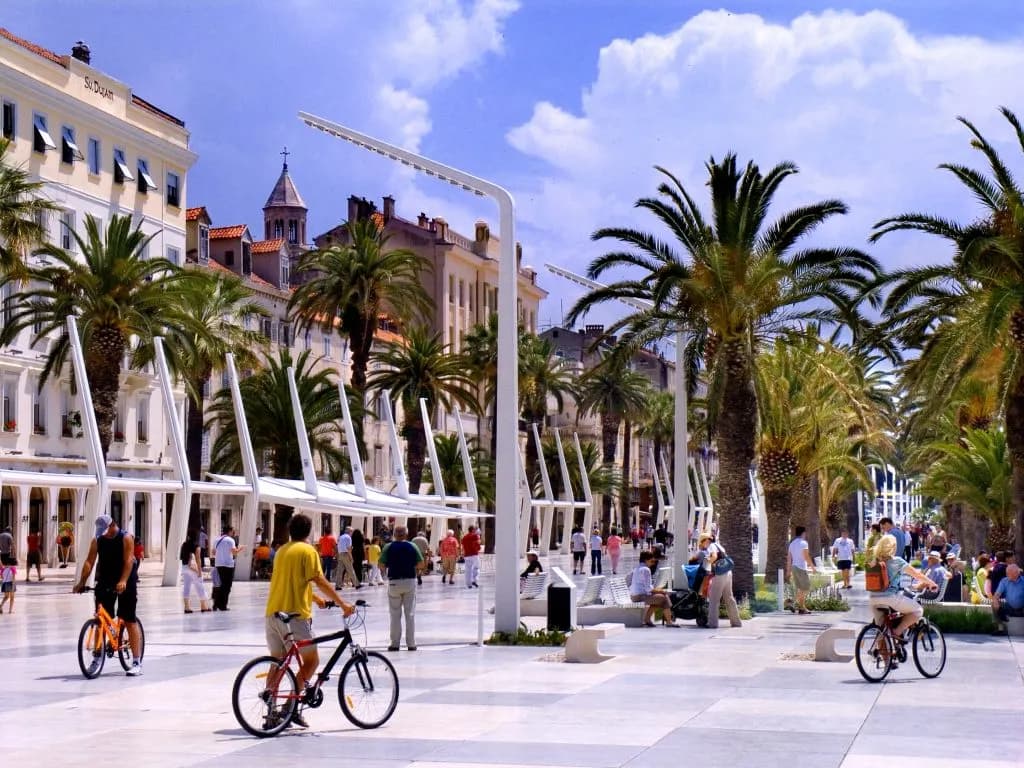 Split waterfront with palm-lined promenade and boats in the harbor